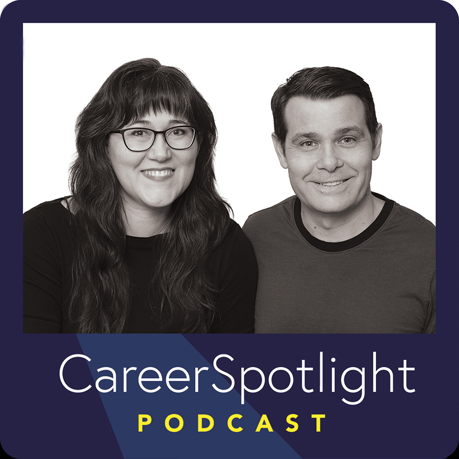 Career Spotlight Podcast hosts, Holli and Casey Margell in black and white photo with color graphic frame.